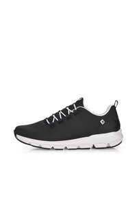 Black athletic shoes with a mesh upper, white laces, and a white midsole. Features perforations for breathability and a cushioned sole.