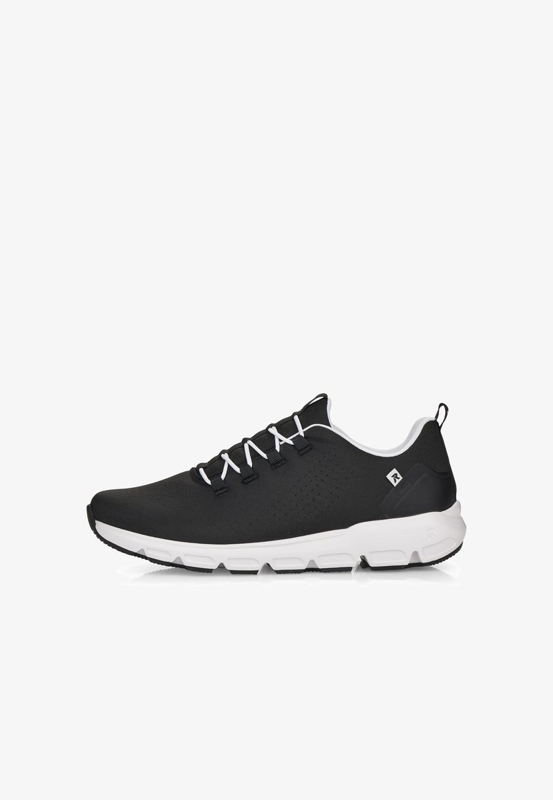 Schwarze Sportschuhe mit einem Obermaterial aus Mesh, weißen Schnürsenkeln und einer weißen Zwischensohle. Verfügen über Belüftungsöffnungen für Atmungsaktivität und eine gepolsterte Sohle.