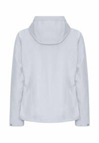 Lichtgrijze jas, zacht materiaal, met een capuchon, getailleerde vorm en drukknoopsluitingen op de manchetten. Gladde textuur, geen zichtbare patronen of accenten.