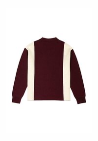Maglione bordeaux con pannelli laterali crema, polsini e colletto a costine. Tessuto morbido, vestibilità comoda e senza chiusure visibili. Solo vista posteriore.