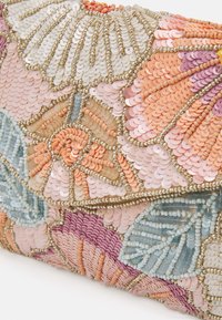 Beaded clutch with pastel colors, featuring floral patterns in pink, blue, and peach, accented with metallic beads and sequins.