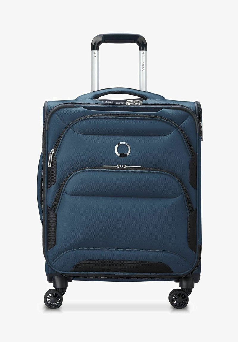 Navy blue suitcase with a textured exterior, two zippered pockets, telescopic handle, and four wheels for mobility. Silver hardware accents.