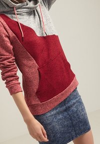 Felpa con cappuccio caratterizzata da un design a blocchi di colore in grigio, rosso e rosa. Tessuto morbido con tasca frontale e lacci. Abbinata a una gonna di jeans.