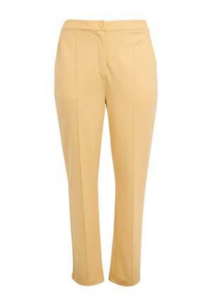 Beige tailored women's trousers with front crease, button closure, and straight-leg fit.