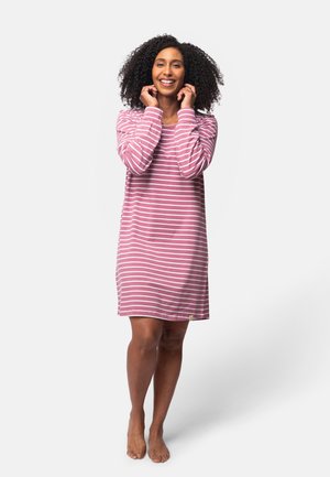 Camicia da notte a maniche lunghe rosa e bianca a righe con vestibilità comoda, realizzata in tessuto morbido, con scollatura arrotondata e un'etichetta sull'orlo.