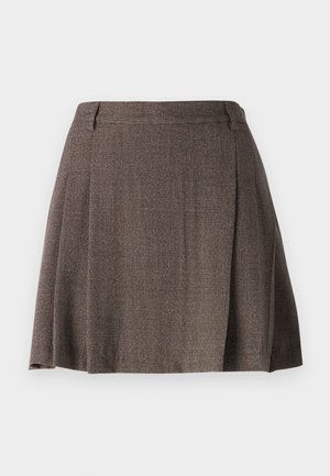 Brauner plissierter Rock mit strukturiertem Gewebe, verfügt über einen taillierten Bund und einen ausgestellten Saum, geeignet für smarte Freizeitkleidung.