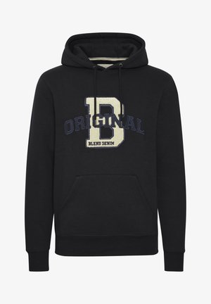 Zwarte hoodie van katoen met een grote gestikte "B" in crème en marineblauw, met het woord "ORIGINAL" erboven. Inclusief een voorzak.