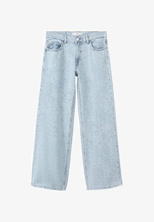 Svetlomodré široké džínsy z denimu s jemným vzorom paisley, piatimi vreckami a gombíkovým zapínaním v páse.