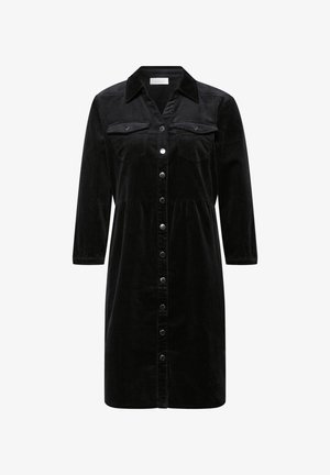 Abito camicia in velluto a coste nero con maniche lunghe, chiusura frontale con bottoni, due tasche sul petto e vita arricciata, caratterizzato da una leggera texture e lucentezza.