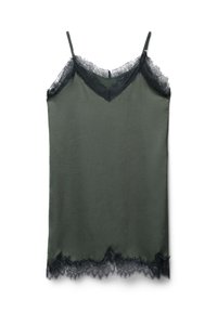 Abito slip in satin verde scuro con bordo in pizzo nero lungo il colletto e l'orlo, dotato di sottili spalline regolabili.