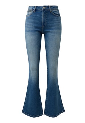 Blauwe denim jeans met een hoge taille, een uitlopende pijp en een vervaagde wassing rond de dijen en knieën.
