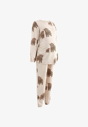Schwangerschaftsschlafanzugset aus weichem, beigem Stoff mit braunen Elefantenmustern. Langärmliges Oberteil mit Rundhalsausschnitt und elastischen, abgepassten Hosen.