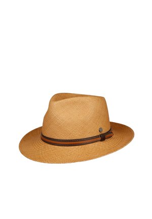 Light brown woven fedora hat with a black and brown stitched band around the base and a small round metal detail on the side.