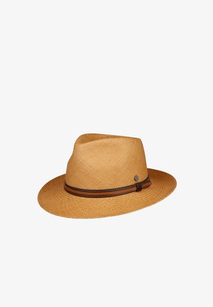 Light brown woven fedora hat with a black and brown stitched band around the base and a small round metal detail on the side.