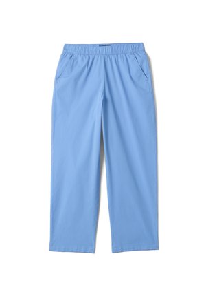 Lichtblauwe elastische scrubbroek met zijzakken, rechte pijpen en een losse pasvorm voor medisch of casual gebruik.