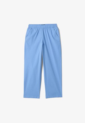 Lichtblauwe elastische scrubbroek met zijzakken, rechte pijpen en een losse pasvorm voor medisch of casual gebruik.