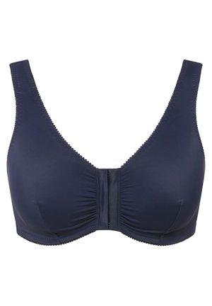 Reggiseno blu navy con spalline larghe, tessuto morbido e chiusura anteriore. Presenta una texture arricciata con dettagli di cucitura lungo i bordi.