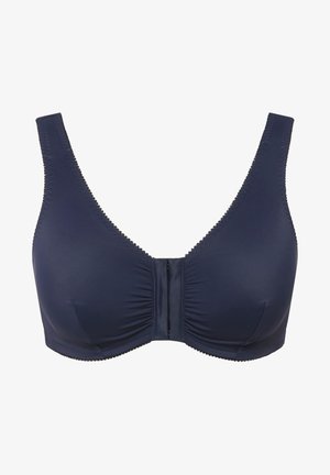 Reggiseno blu navy con spalline larghe, tessuto morbido e chiusura anteriore. Presenta una texture arricciata con dettagli di cucitura lungo i bordi.