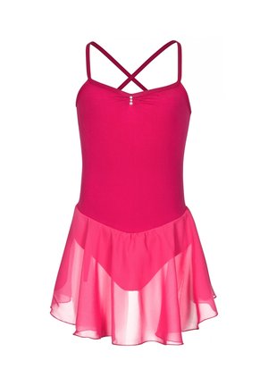 Leotardo rosa con falda transparente y acampanada, con tirantes cruzados y una joya decorativa en el corpiño, hecho de tela elástica.