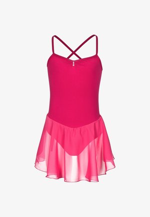 Leotardo rosa con falda transparente y acampanada, con tirantes cruzados y una joya decorativa en el corpiño, hecho de tela elástica.