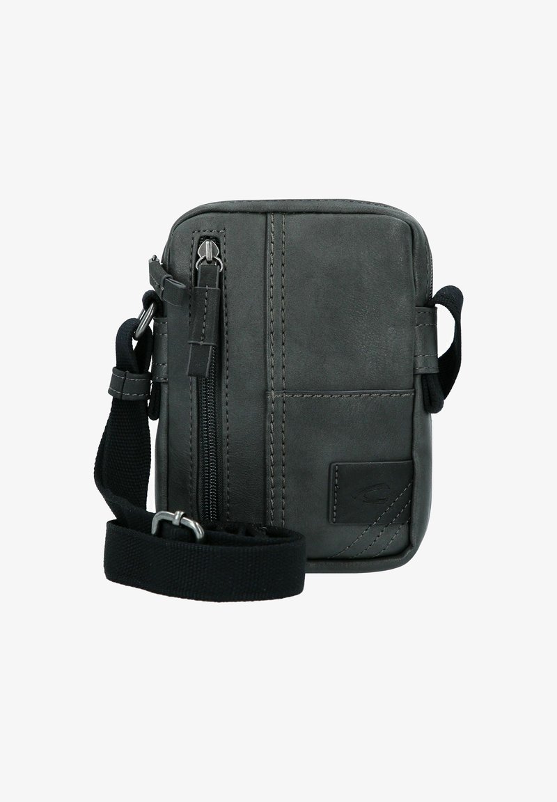 Gray leather crossbody bag with a zip closure, featuring contrasting stitching, a textured surface, and a detachable black strap.