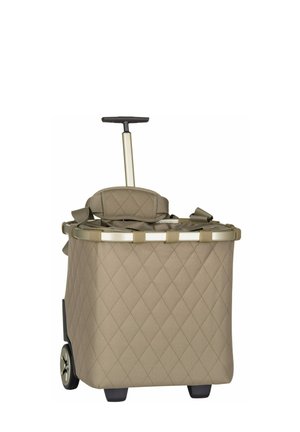 Beiger Stoff-Einkaufswagen mit Steppmuster, zwei Rädern, einem Teleskopgriff und gepolsterten Schultergurten.