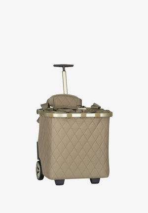 Beige fabric shopping trolley with quilted pattern, two wheels, a telescopic handle, and padded shoulder straps.