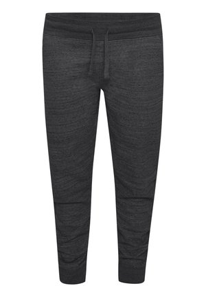 Mørkegrå joggebukser laget av teksturert stoff, med elastisk midje og snøring, samt smalnede ankler.