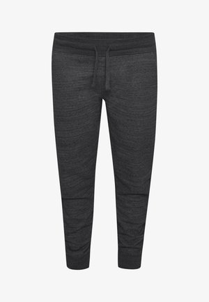 Donkergrijze joggingsbroek van gestructureerde stof, met een elastische tailleband en een trekkoord, en taps toelopende enkels.