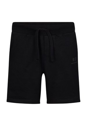 Schwarze Baumwollshorts mit einem Kordelzug am Bund, ausgestattet mit einer glatten Textur und einem kleinen bedruckten Logo auf der Vorderseite. Mittlere Oberschenkellänge.