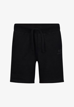 Czarne bawełniane szorty z elastycznym pasem na sznurek, charakteryzujące się gładką fakturą i małym drukowanym logo z przodu. Długość do połowy uda.