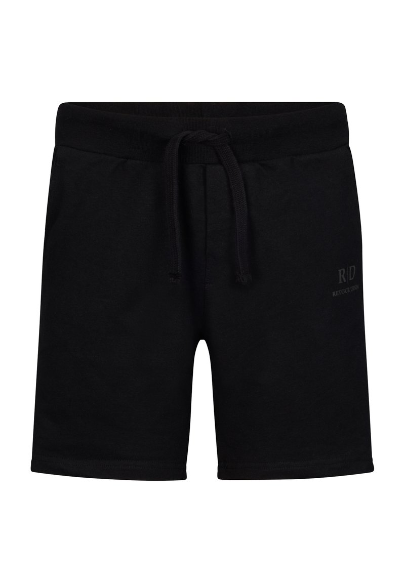 Shorts neri in cotone con vita regolabile tramite un cordino, caratterizzati da una texture liscia e un piccolo logo stampato sul davanti. Lunghezza a metà coscia.