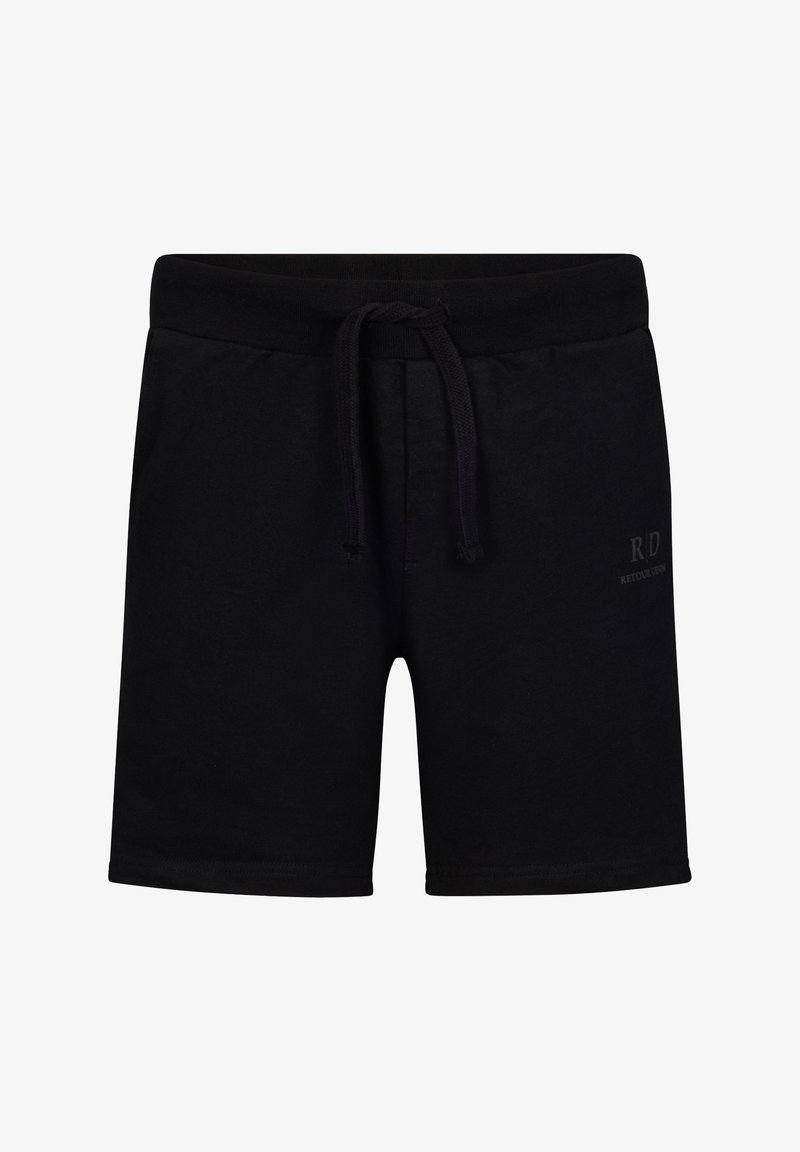 Zwarte katoen shorts met een trekkoord in de taille, met een soepele textuur en een klein bedrukt logo aan de voorkant. Middelste dijlengte.