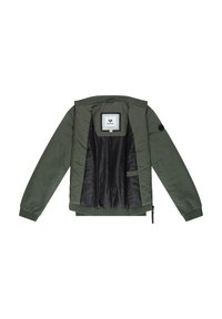 Veste légère verte avec poignets et col côtelés. Elle est dotée d'une doublure en satin noir et d'une poche intérieure, d'une fermeture éclair robuste et d'un patch logo sur la manche.