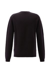 Dunkelpurpurne strukturierte Strickjacke von hinten gezeigt, mit langen Ärmeln und gerippten Bündchen und Saum.