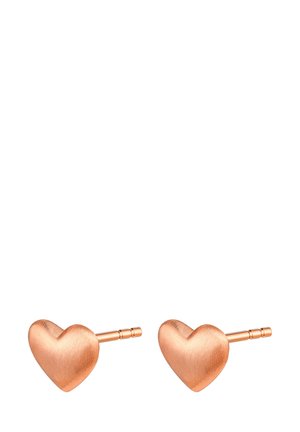 Rose gold heart-shaped stud earrings with a brushed texture and a smooth finish. Posts for secure attachment; minimalist design.
