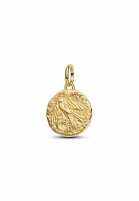 Pendente d'oro con un design circolare texture e un motivo di uccello, accentuato da un piccolo diamante, attaccato tramite un anello liscio.