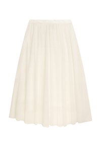 Weißer, knielanger Rock aus leichtem Stoff. Verfügt über einen gerafften Taillenbund und ein plissiertes Design für schwingende Bewegungen.