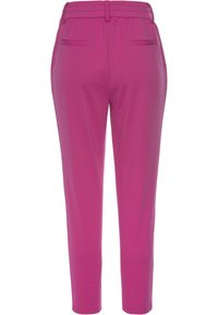 Pink, tapered trousers with an elastic waistband, two rear pockets, and a smooth texture. Fitted design at ankles for a streamlined look.