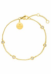 Goldarmband mit fünf runden Akzenten, die klare Steine zeigen, verbunden durch eine zarte Kette. Enthält einen Karabinerverschluss und ein Logohänger.