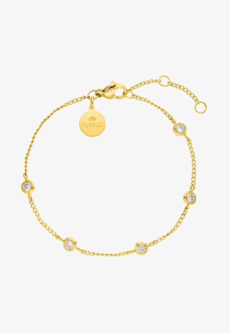 Goldarmband mit fünf runden Akzenten, die klare Steine zeigen, verbunden durch eine zarte Kette. Enthält einen Karabinerverschluss und ein Logohänger.