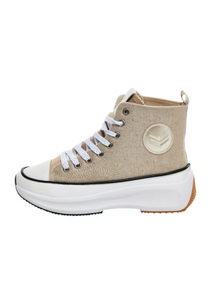 Beige high-top sneakers with textured canvas upper, white laces, and rubber toe cap. Features a thick white platform sole and round logo accent.