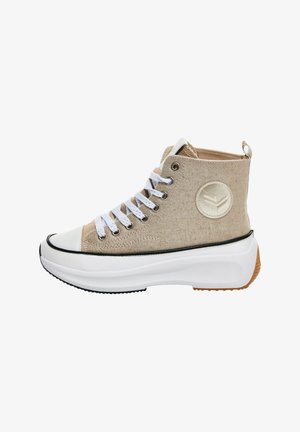Beige high-top sneakers with textured canvas upper, white laces, and rubber toe cap. Features a thick white platform sole and round logo accent.