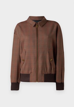 Brown bomber jacket with a checkered pattern in orange and darker shades, featuring a front zipper, two side pockets, and ribbed cuffs.