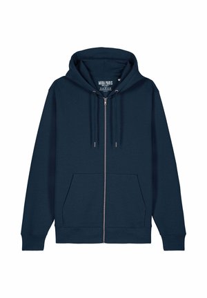 Felpa con zip di colore navy realizzata in misto cotone, dotata di cappuccio foderato, tasche frontali e polsini e orlo a costine. Design minimalist, senza fantasie.