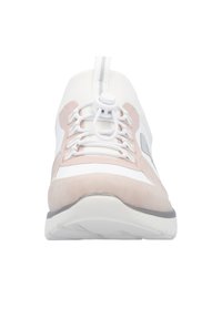 White and light pink athletic shoe with a suede upper, elastic laces, and a smooth rubber sole. Features a textured grey sole accent.