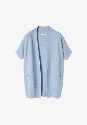 Lichtblauwe cardigan van textuur gebreide stof, met korte mouwen en twee voorkruiszakken. Open ontwerp zonder sluitingen.