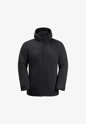Black waterproof jacket with a front zipper, adjustable hood, and long sleeves. Features a smooth texture and minimal branding on the chest.