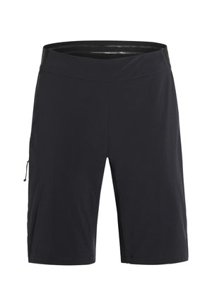 Zwarte sportieve shorts tot op de knie met een platte tailleband en een klein zijzakje met ritstrekker.