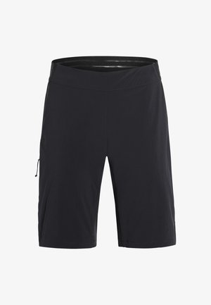 Zwarte sportieve shorts tot op de knie met een platte tailleband en een klein zijzakje met ritstrekker.